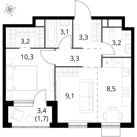 . Вариант № 9700673, 0, площадь - 45.7 квм, цена 13988770 рублей