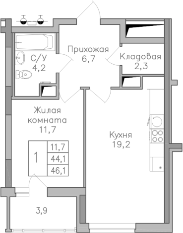 . Вариант № 152393, 0, площадь - 46.1 квм, цена 4000000 рублей