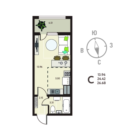 . Вариант № 119437, 0, площадь - 26.68 квм, цена 3041520 рублей
