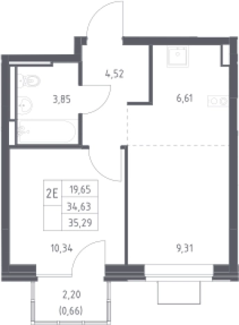 . Вариант № 2640634, 0, площадь - 35.29 квм, цена 6320622 рублей