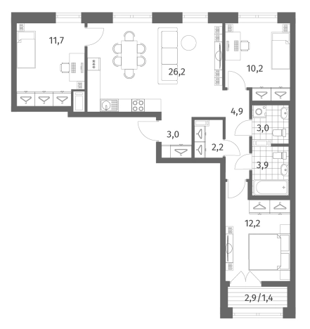 Купить многокомнатную квартиру в новостройках у метро Проспект Ветеранов в Ленинградской области. Вариант № 5258061, 0, площадь -  квм, цена 14404000 рублей