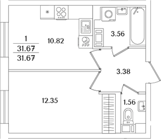 . Вариант № 6713295, 0, площадь - 31.67 квм, цена 9763768 рублей