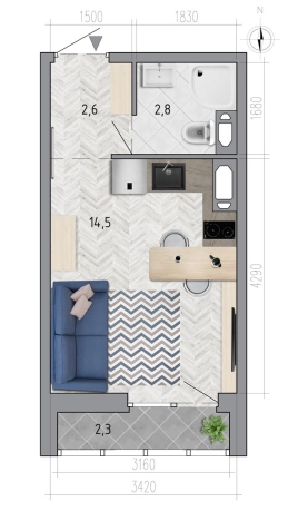 Купить Студию на улице Федора Тютчева в Воронеже. Вариант № 153286, 0, площадь -  квм, цена 2782431 рублей