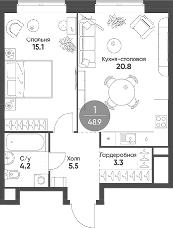 . Вариант № 161784, 0, площадь - 48.9 квм, цена 30682950 рублей