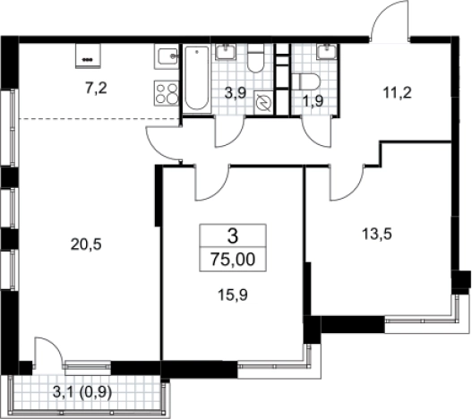. Вариант № 3952133, 0, площадь - 74.1 квм, цена 12355529 рублей