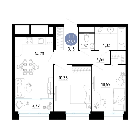 . Вариант № 151491, 0, площадь - 51.96 квм, цена 7168921 рублей