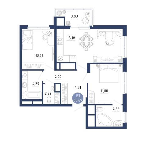 Купить двухкомнатную квартиру на улице проезд Бульвар Оптимистов в Рязанской области. Вариант № 102340, 0, площадь -  квм, цена 7640889 рублей