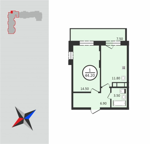 . Вариант № 65091, 0, площадь - 44.2 квм, цена 5613400 рублей