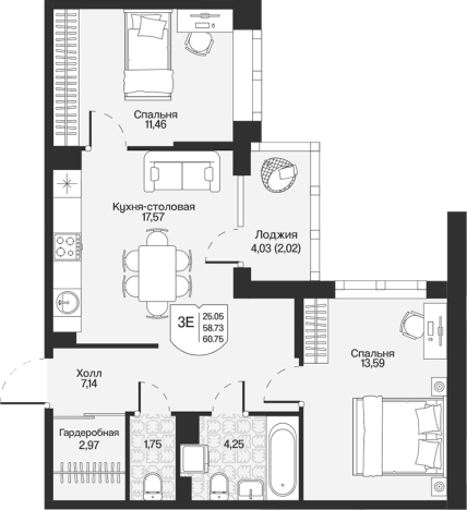 . Вариант № 7261306, 0, площадь - 58.73 квм, цена 13738094 рублей