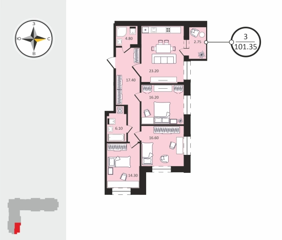 Купить трехкомнатную квартиру в ЖК Соколиный Парк в Владимире. Вариант № 124975, 1, площадь -  квм, цена 10184730 рублей