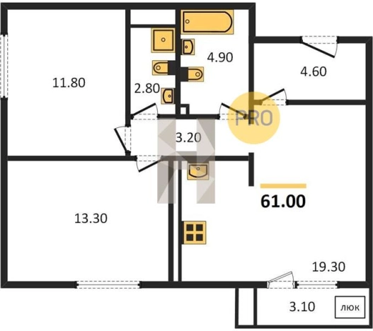 . Вариант № 62151, 0, площадь - 61 квм, цена 5341000 рублей