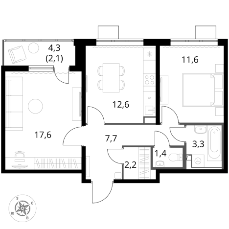 . Вариант № 9805754, 0, площадь - 58.4 квм, цена 17835360 рублей