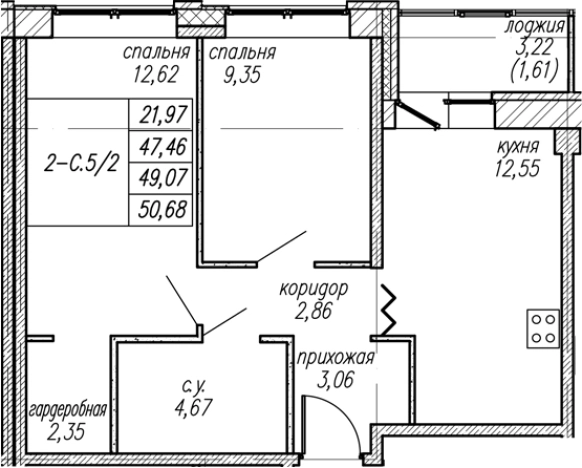 . Вариант № 8063778, 0, площадь - 47.46 квм, цена 8212748 рублей