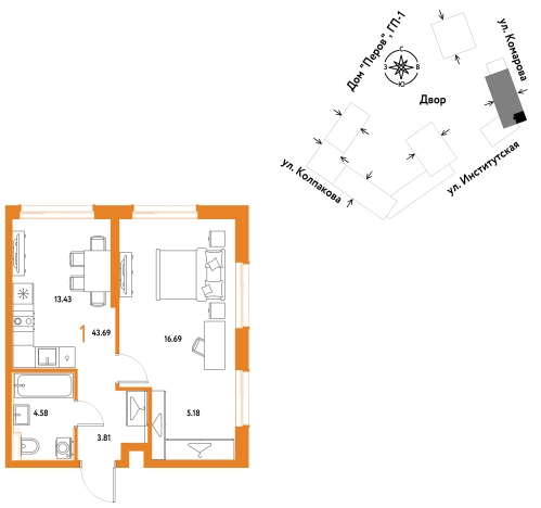 . Вариант № 10440677, 0, площадь - 43.69 квм, цена 17200000 рублей