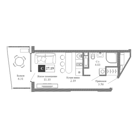 . Вариант № 155869, 0, площадь - 27.19 квм, цена 10826600 рублей