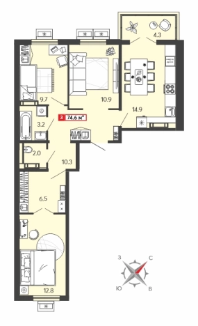 . Вариант № 1658935, 0, площадь - 74.6 квм, цена 5861210 рублей