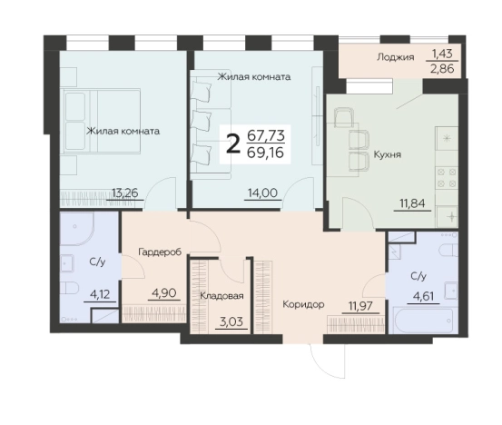 Купить двухкомнатную квартиру в ЖК Заря (Развитие) в Воронеже. Вариант № 114063, 0, площадь -  квм, цена 9260524 рублей
