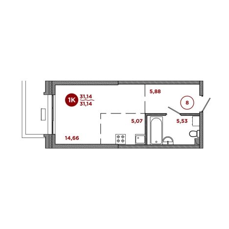 . Вариант № 10270842, 1, площадь - 31.14 квм, цена 7019000 рублей