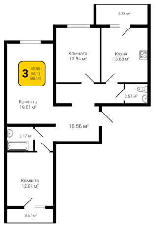 . Вариант № 130682, 1, площадь - 88.14 квм, цена 9254700 рублей