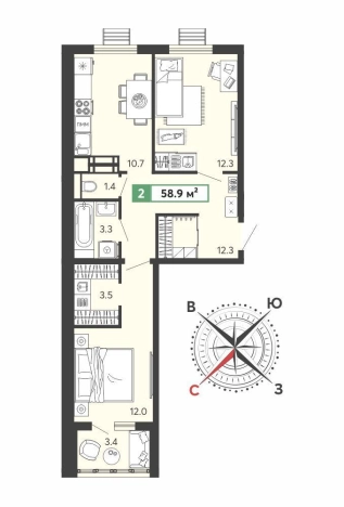 . Вариант № 304465, 0, площадь - 58.9 квм, цена 4701840 рублей