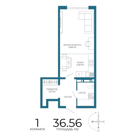 . Вариант № 3439922, 0, площадь - 36.56 квм, цена 3363520 рублей