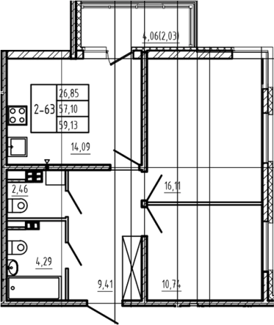 . Вариант № 6963707, 0, площадь - 57.1 квм, цена 10820790 рублей