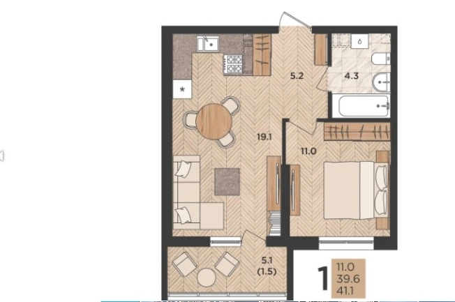 . Вариант № 3939, 13, площадь - 42 квм, цена 5270000 рублей