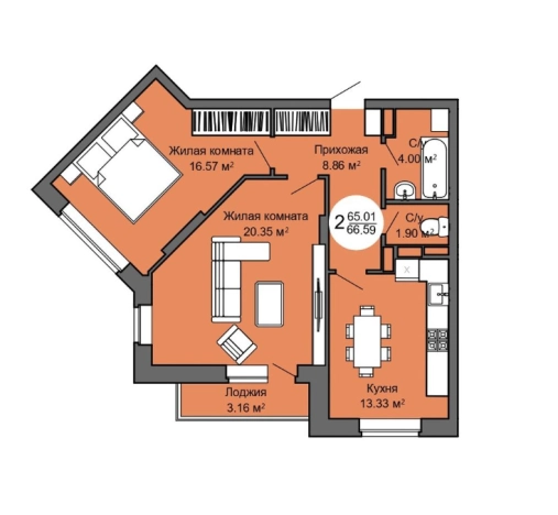 Купить двухкомнатную квартиру на улице Шахтёрская в Тульской области. Вариант № 99279, 0, площадь -  квм, цена 5793330 рублей