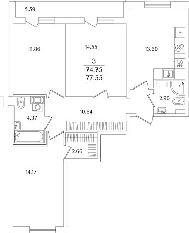 . Вариант № 6713620, 0, площадь - 74.75 квм, цена 22720772 рублей