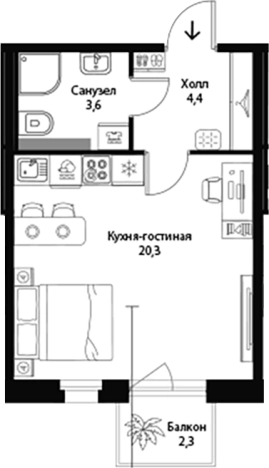 . Вариант № 7829421, 0, площадь - 28.31 квм, цена 6351000 рублей