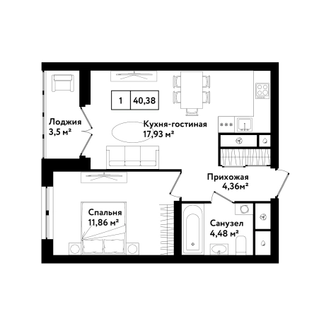 . Вариант № 71226, 0, площадь - 40.38 квм, цена 4488440 рублей