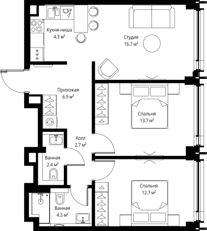 Купить двухкомнатную квартиру в ЖК Symphony 34 в Москве. Вариант № 141464, 0, площадь -  квм, цена 38984400 рублей
