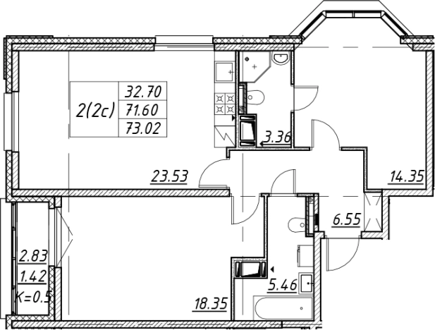 . Вариант № 7850121, 0, площадь - 71.6 квм, цена 23578523 рублей