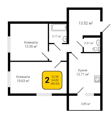 . Вариант № 130702, 1, площадь - 66.82 квм, цена 7684300 рублей