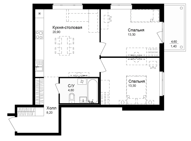. Вариант № 7829249, 0, площадь - 60.3 квм, цена 7712500 рублей
