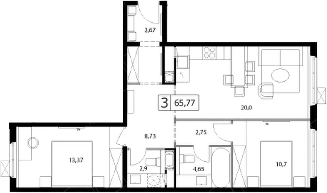. Вариант № 5833323, 0, площадь - 65.77 квм, цена 12349324 рублей
