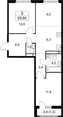 Купить трехкомнатную квартиру у метро Аэропорт Внуково в Москве. Вариант № 3950829, 0, площадь -  квм, цена 11131106 рублей