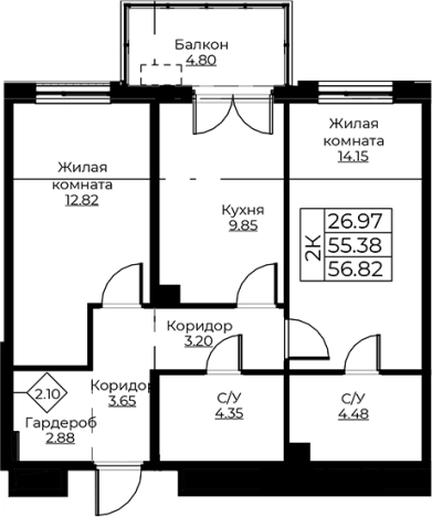 . Вариант № 8058199, 0, площадь - 55.38 квм, цена 9932215 рублей