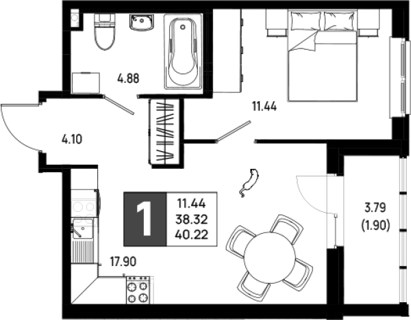 . Вариант № 6642503, 0, площадь - 38.32 квм, цена 5268820 рублей
