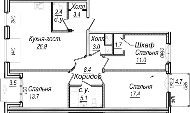 . Вариант № 66527, 0, площадь - 93.34 квм, цена 70836093 рублей