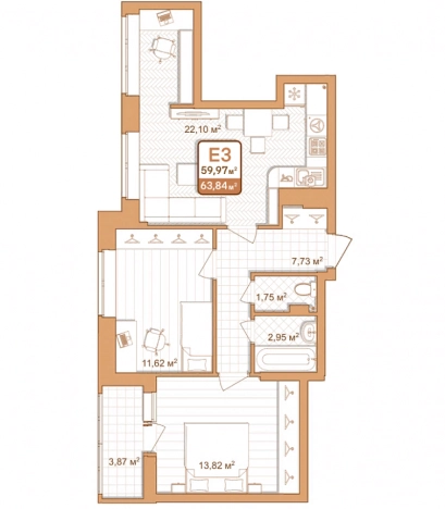 . Вариант № 71074, 0, площадь - 63.84 квм, цена 5745600 рублей