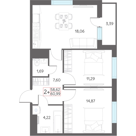 . Вариант № 159707, 0, площадь - 58.62 квм, цена 6770000 рублей