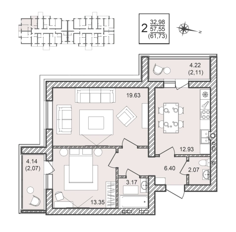 . Вариант № 116330, 0, площадь - 61.73 квм, цена 7098950 рублей