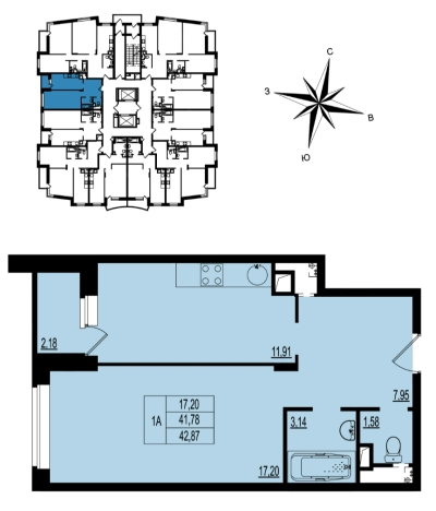 . Вариант № 82581, 1, площадь - 43.7 квм, цена 4501350 рублей