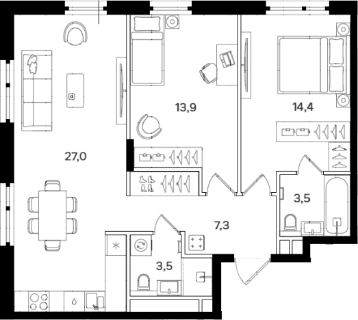 . Вариант № 5505475, 0, площадь - 69.6 квм, цена 33519360 рублей