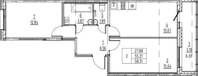 . Вариант № 6216584, 0, площадь - 55.21 квм, цена 13130408 рублей