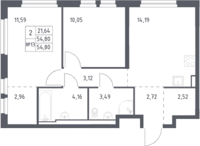 . Вариант № 6900136, 0, площадь - 54.8 квм, цена 9846738 рублей