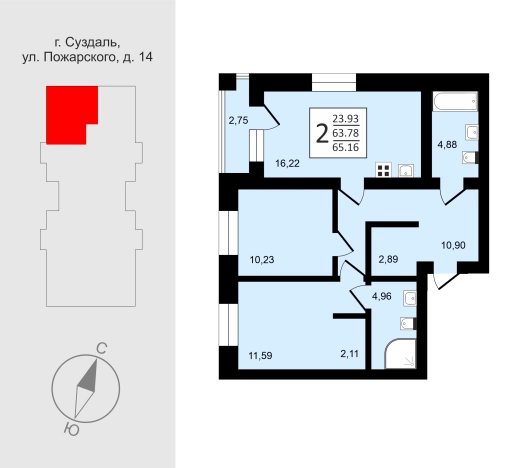 . Вариант № 165074, 1, площадь - 65.16 квм, цена 9969480 рублей
