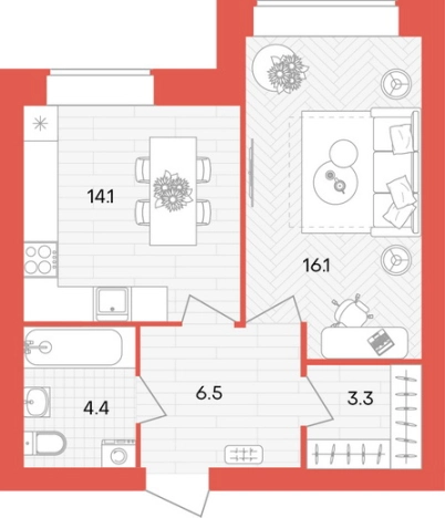. Вариант № 2625947, 0, площадь - 44.4 квм, цена 4351200 рублей