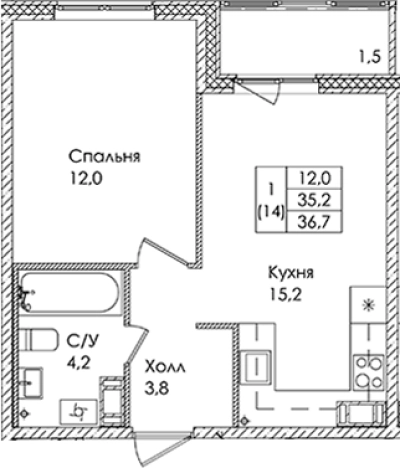 . Вариант № 6609339, 0, площадь - 35.2 квм, цена 4405550 рублей